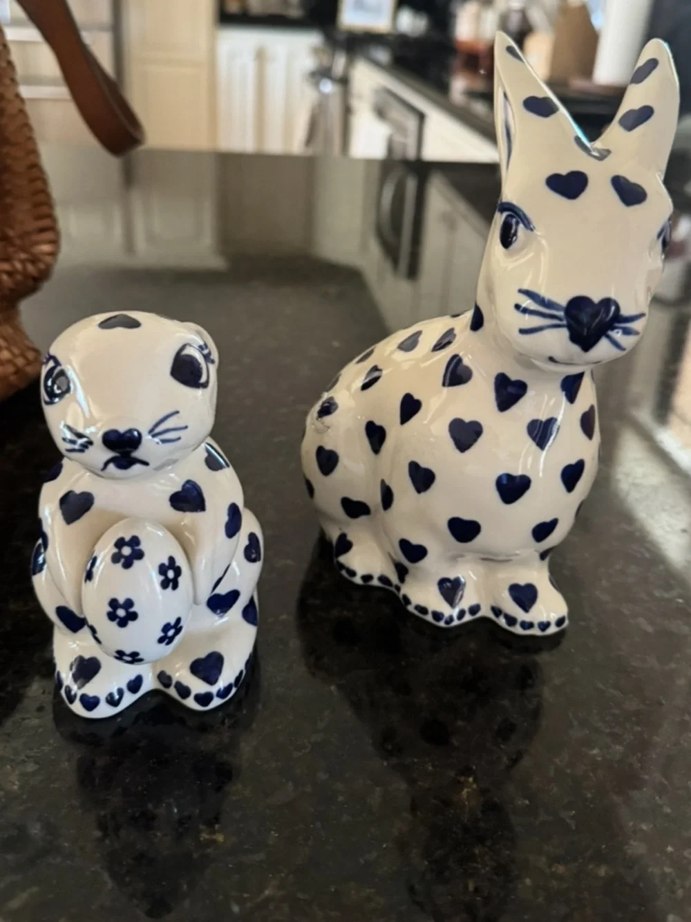White Ceramic Bunny Figurines with Blue Heart Accents